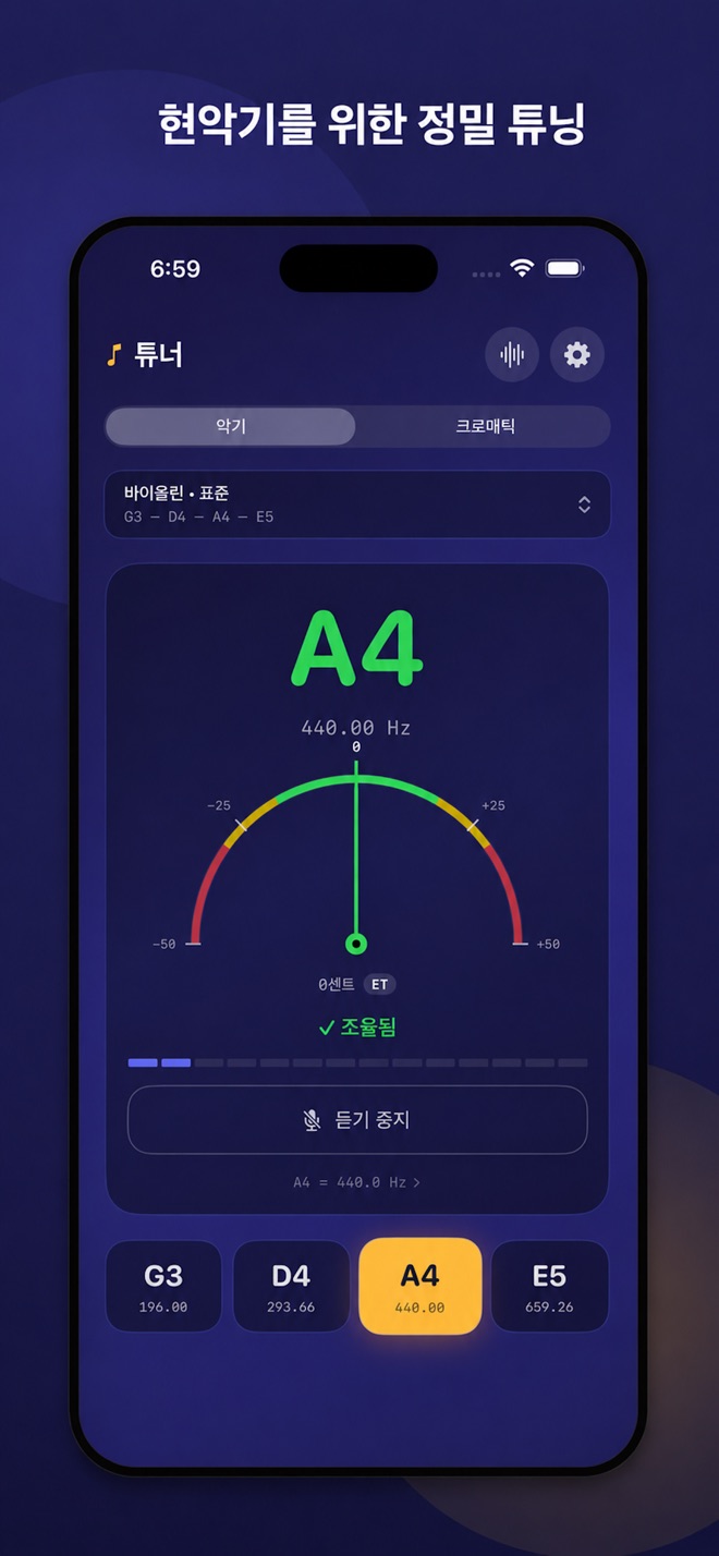 A4가 맞춰진 Rosin 튜너