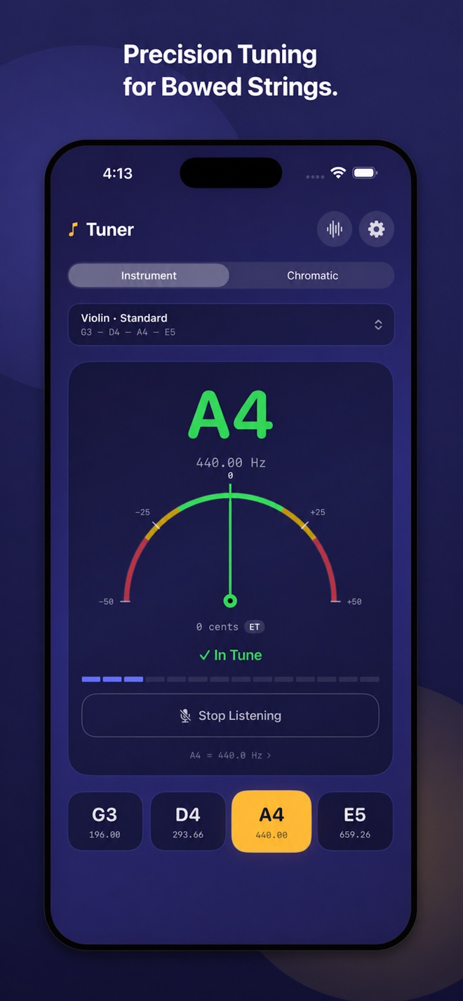 Rosin instrument tuner showing A4 in tune
