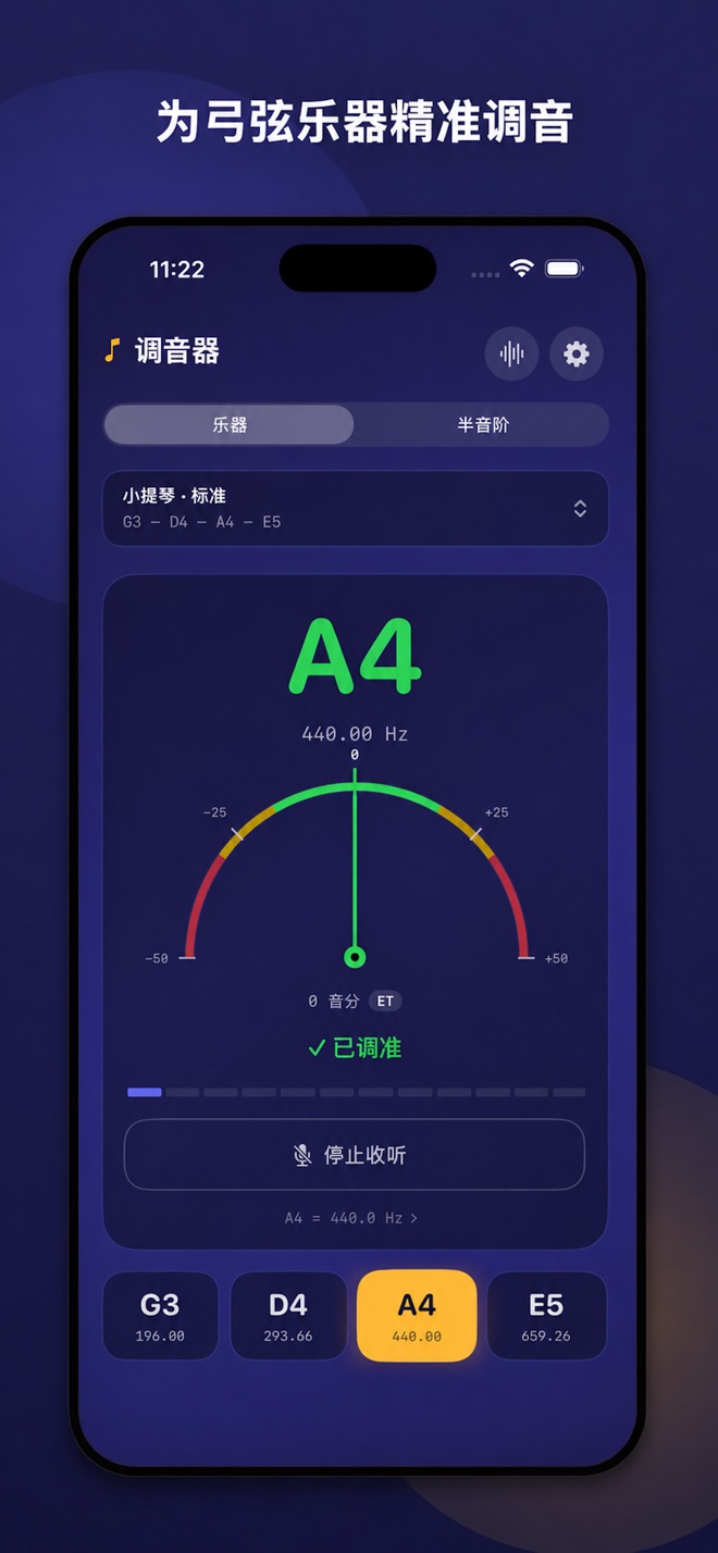 Rosin 调音器显示 A4 已调准